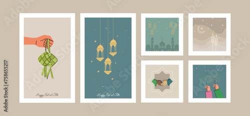 Eid al-Fitr (Hari Raya Aidilfitri) Hand Drawn Illustration Template Collection Set, can be used as a social media post or printed as a greeting card