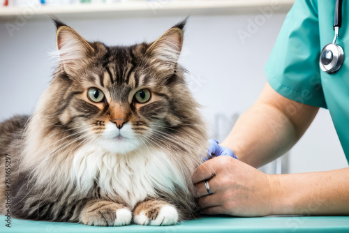 The affectionate cat in the gentle hands of the veterinarian, standing calmly against the backdrop of the procedure table and medical equipment. The concept for the Faninar Day. © Anna