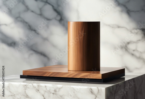 Wooden desk shadow marble pedestal wall poduim dais product background empty presentation natural wooden minimal design cosmetic showcase display abstract show pedestal scene racked shadow copy