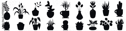 Houseplant silhouettes. Flowerpot garden icons, indoor plants growing in pots, leafy botanical decors for office decoration.