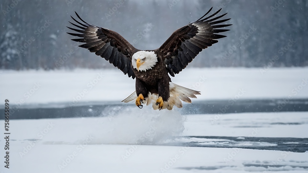 Bald Eagle in flight over the lake. Winter landscape with snow and mountains Bald Eagle in flight over the lake. Winter landscape with snow and mountains