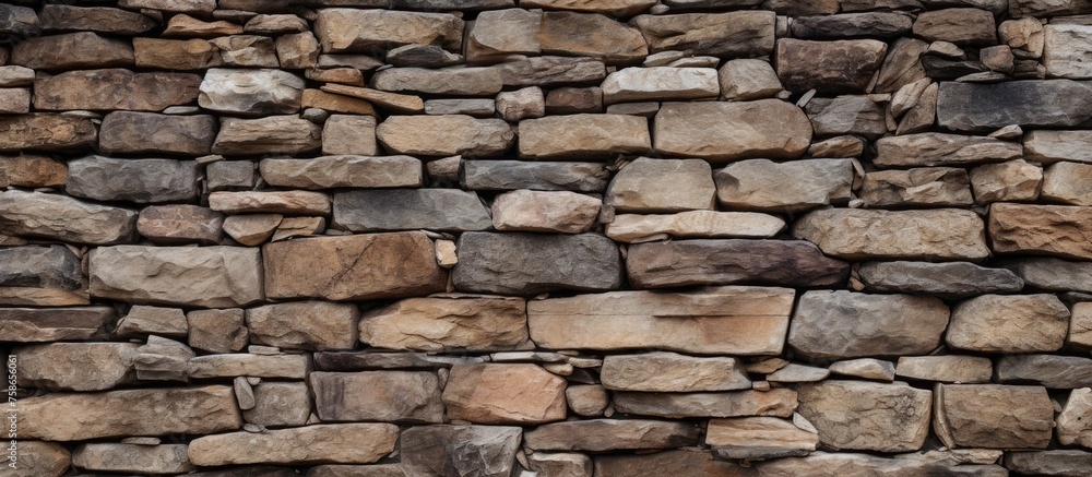 A closeup of a stone wall featuring a mix of brown bricks, cobblestones, and rectangular stones, showcasing the beauty of composite building materials