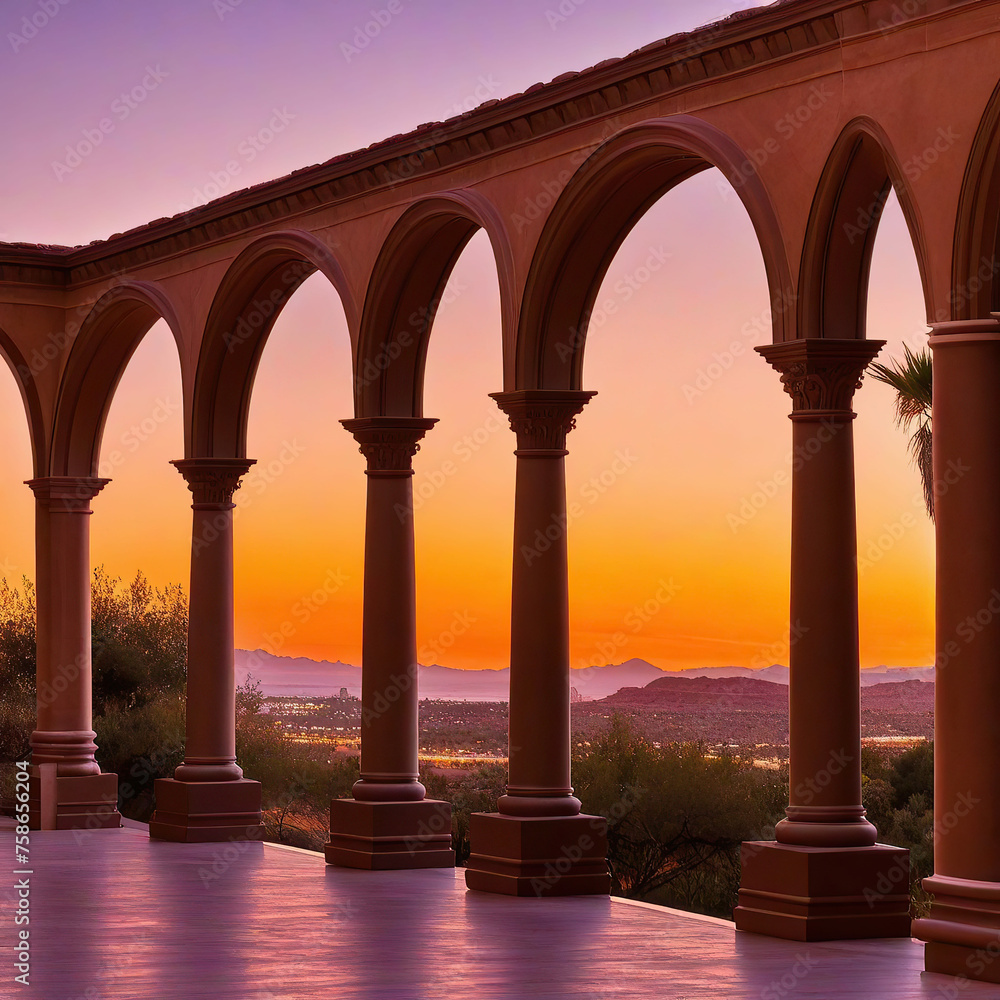 Fototapeta premium Beautiful arches of the colonnade in the old city at sunset.
