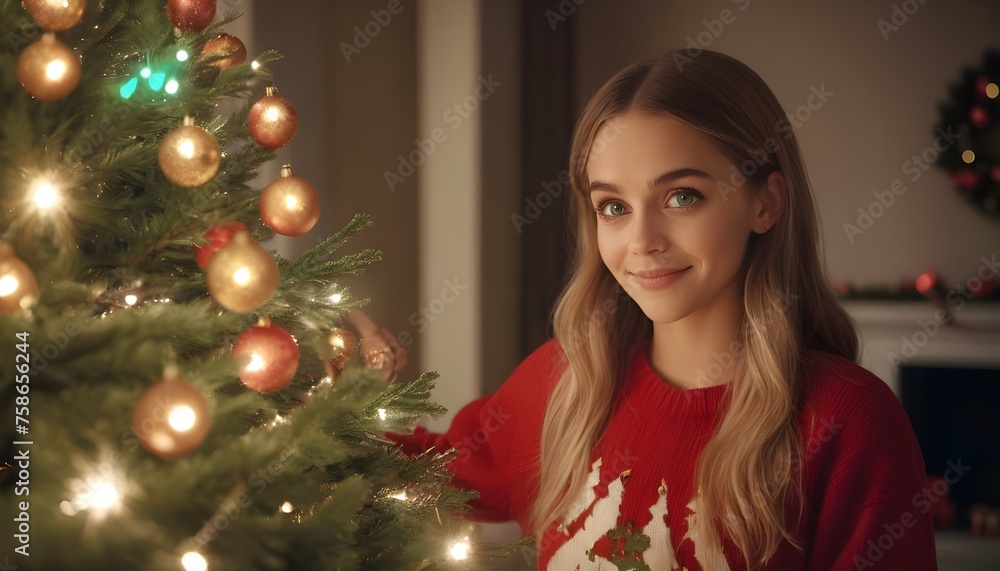 A scene of festive cheer with a merry individual decorating a Christmas tree their festive beautiful colored eyes glowing with the warmth of the holiday spirit A scene of festive cheer with a merry individual decorating a Christmas tree their festive beautiful colored eyes glowing with the warmth of the holiday spirit
