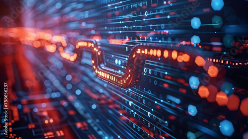 Close-up view of futuristic digital data stream  glowing red binary code flowing along circuit lines against a deep blue background