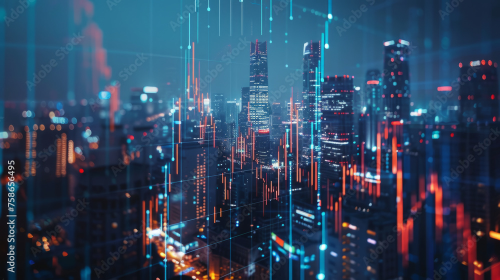 A futuristic cityscape at night with illuminated skyscrapers and digital data lines overlaying the scene, portraying concepts of urbanism, technology, and connectivity in a modern metropolis.