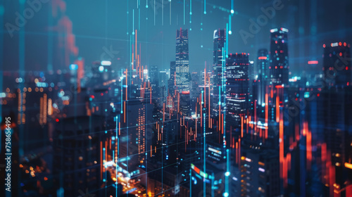 A futuristic cityscape at night with illuminated skyscrapers and digital data lines overlaying the scene, portraying concepts of urbanism, technology, and connectivity in a modern metropolis.