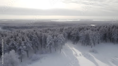 Drone photo of snow covered evergreen trees after a winter blizzard in Lithuania.  © Oleksandr