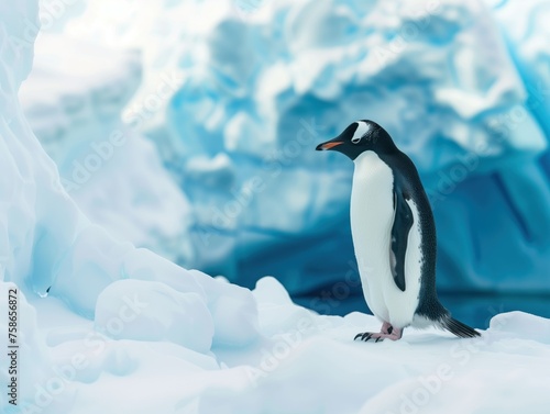 Antarctic Sentinel  A solitary Gentoo penguin stands against the stunning backdrop of icy blue glaciers  embodying the pristine and serene essence of the Antarctic wilderness