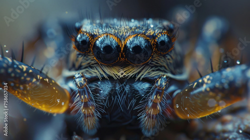 Close-up of a jumping spider with vibrant orange eyes, featuring detailed textures on its body and the tiny water droplets on its fur, set against a blurred dark background.