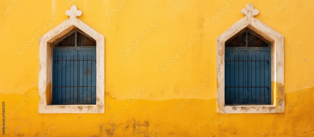 Two ancient windows on a yellow wall without anyone. Two ancient windows on a yellow wall without anyone.