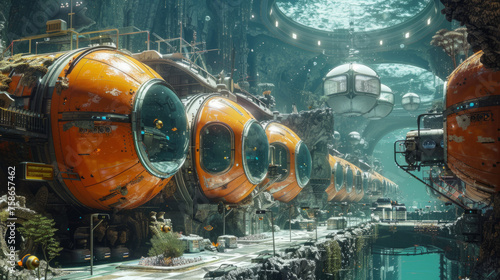 An underwater sci-fi habitat with a series of interconnected orange modules. The environment includes advanced technology, aquatic flora, and diverse marine life