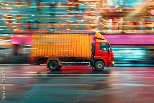 A red cargo truck in swift motion, with a dynamic, colorful, and blurred city background, illustrating speed and delivery efficiency. 