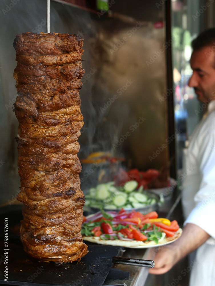Türkischer Mann am Imbiss mit leckeren Döner Spieß mit viel Fleisch und Beilagen Stock