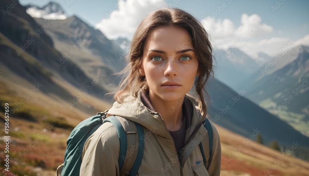 An image of exploration and adventure with a good looking individual hiking in the mountains their beautiful face framed by the breathtaking scenery their stunning beautiful colored eyes An image of exploration and adventure with a good looking individual hiking in the mountains their beautiful face framed by the breathtaking scenery their stunning beautiful colored eyes