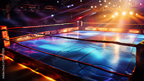 Empty Fighting Boxing Stage inside a wrestling stadium with colorful spotlights overhead ready for crowds and audiences Indoor Sports Entertainment Competition