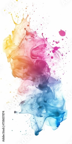 Vivid ink splash with yellow, pink, and blue hues on a white background, creating a dynamic abstract composition.
