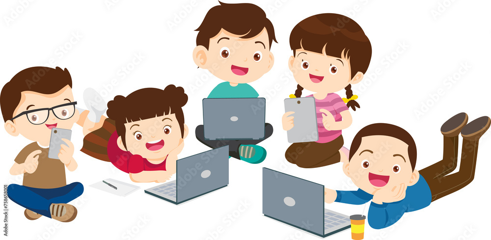 E-Learning concept Students kids Reading and online learning technology with computer laptop smartphone E-Learning concept Students kids Reading and online learning technology with computer laptop smartphone