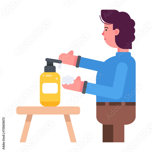 Get this flat icon of using sanitizer 