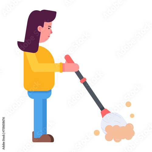 Trendy flat icon of a girl cleaning floor 