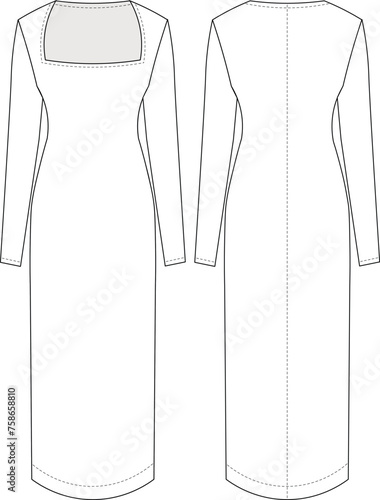 square neck long sleevee maxi long midi h line elastic dress template technical drawing flat sketch cad mockup fashion woman design style model

