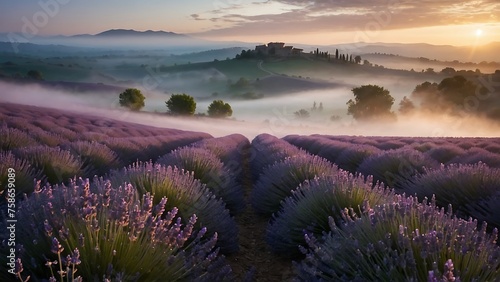 lavender field landscape Summer sunset. Nature photography aerial view 