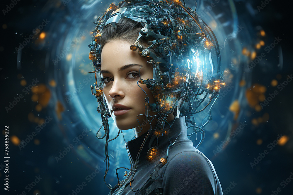 Sci-fi, technology concept. Close-up portrait of beautiful young woman with futuristic technology device on her head Sci-fi, technology concept. Close-up portrait of beautiful young woman with futuristic technology device on her head
