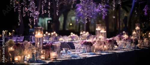 Event table setup for party or wedding gathering. photo