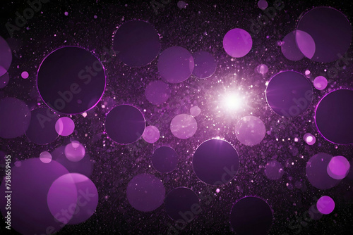 Abstract neon violet bokeh circles on a black background. Glamour illustration with particles and rays.