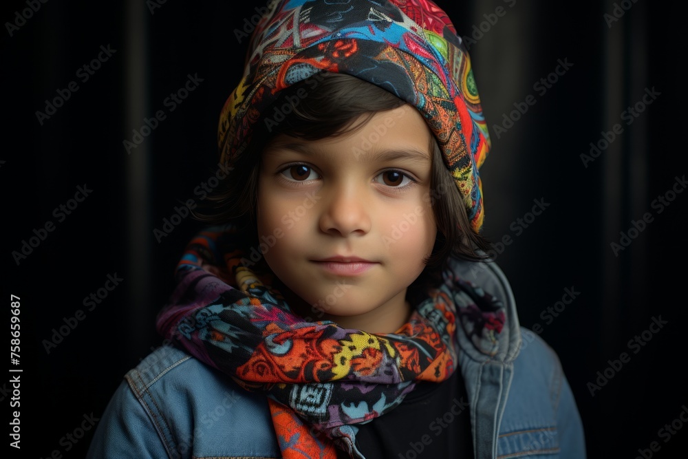 Portrait of a little girl in a bandana on a black background Portrait of a little girl in a bandana on a black background
