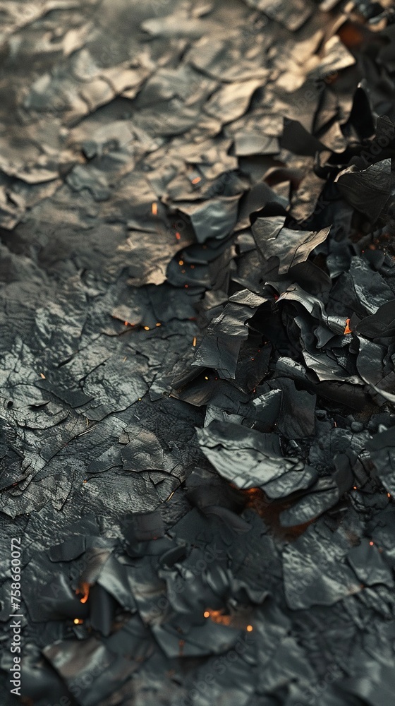 Ash-covered floor with burnt edges of paper curling up