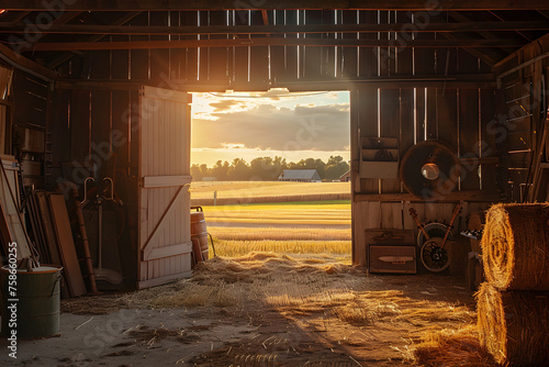 the inside of a barn with door open looking into the fields at golden hour, hay bales, instruments and tools photo