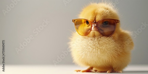 Adorable chick with oversized sunglasses posing confidently as if ready for a summer day photo