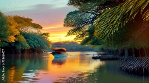 A boat is floating on a calm river surrounded by trees. The scene is peaceful and serene, with the boat being the only object in the water photo