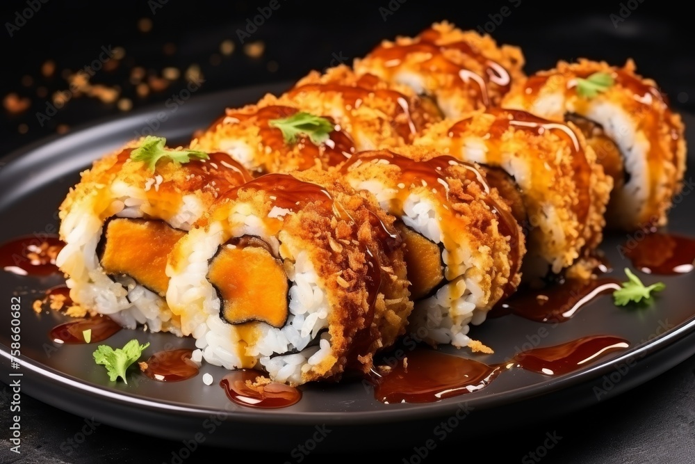 Traditional japanese sushi rolls with rice and fish, soy sauce on a white stone background