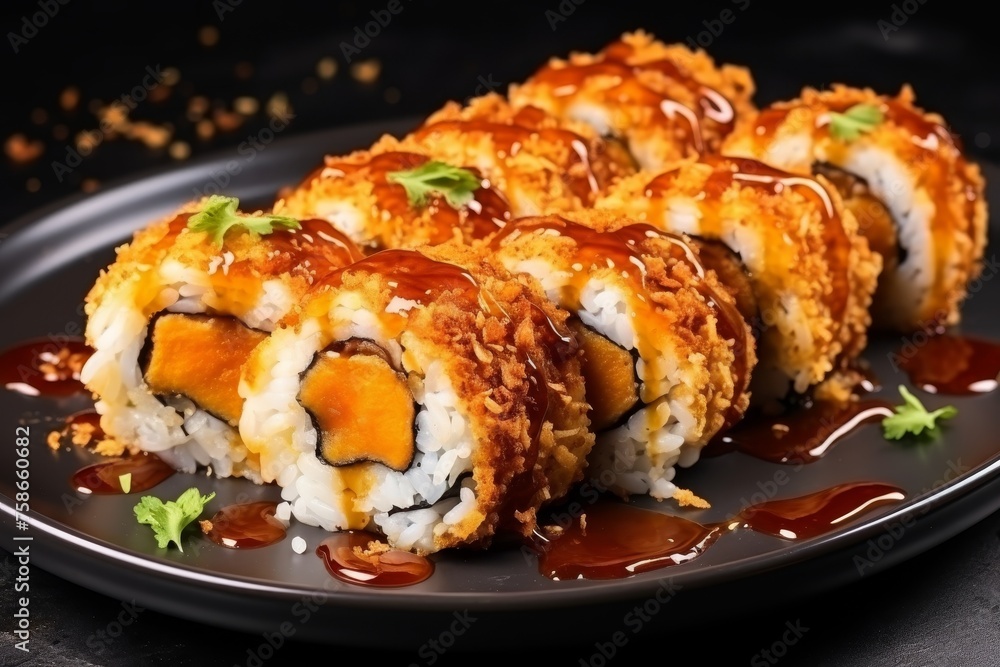 Traditional japanese sushi rolls with rice and fish, soy sauce on a white stone background Traditional japanese sushi rolls with rice and fish, soy sauce on a white stone background