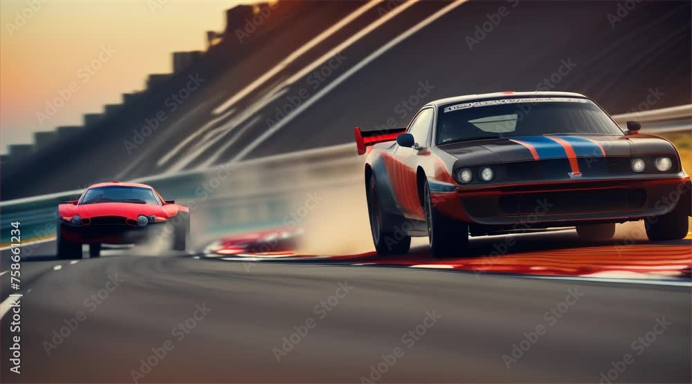 A car is driving on a track with a lot of smoke coming out of the back. The car is black and red with a white stripe A car is driving on a track with a lot of smoke coming out of the back. The car is black and red with a white stripe