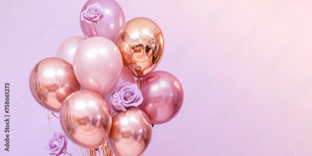 Rose gold and gold foil balloons with roses on a pastel pink and purple background, festive holiday greeting Rose gold and gold foil balloons with roses on a pastel pink and purple background, festive holiday greeting