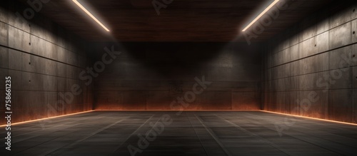 Abstract dark brown concrete room interior at night with lighting.