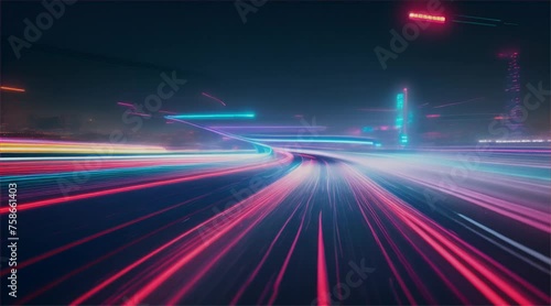 Traffic lights and cars, long exposure in motion. Stream of light trails on motorway at night