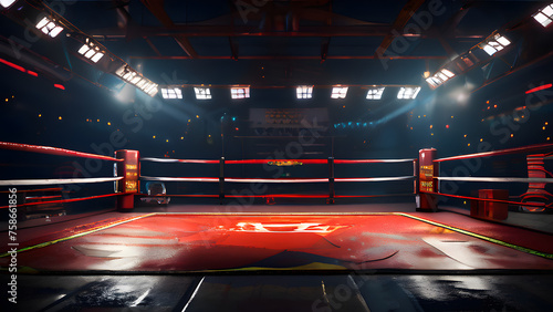 Martial arts fight stage ring inside a wrestling stadium with spotlights ready for crowds and audiences Indoor Sports Entertainment Competition photo