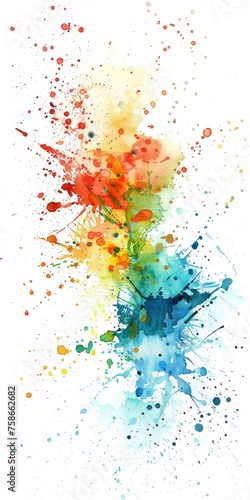 A dynamic watercolor burst of rainbow hues creating a lively and whimsical effect on a pure white backdrop.