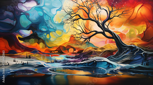 Colorful abstract oil painting. Surreal landscape artw