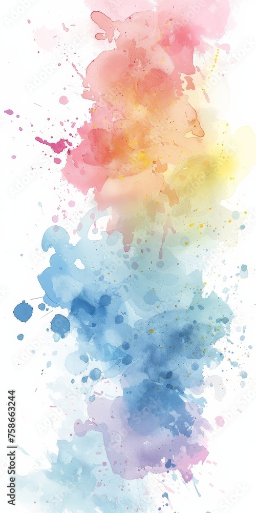 Vibrant watercolor splash in blue, pink, and yellow hues on a white background, conveying a sense of artistic creativity and inspiration.