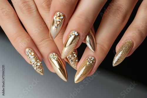 Women hands with perfect manicure, festive bedazzled with crystals nails, red, shiny, nail salon