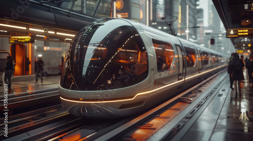 A futuristic train with a sleek, modern design is docked at a high-tech station platform with ambient lighting. © ChubbyCat