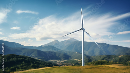 Wind turbine with mountain background, clean renewable energy, photo shoot