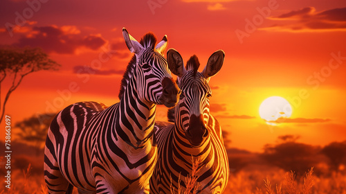 Zebras in the African savanna against the backdrop of beautiful sunset, wildlife conservation, photo shoot --ar 16:9 --v 5.2 Job ID: d1966045-3f55-4a5e-a6c9-786469d4787f