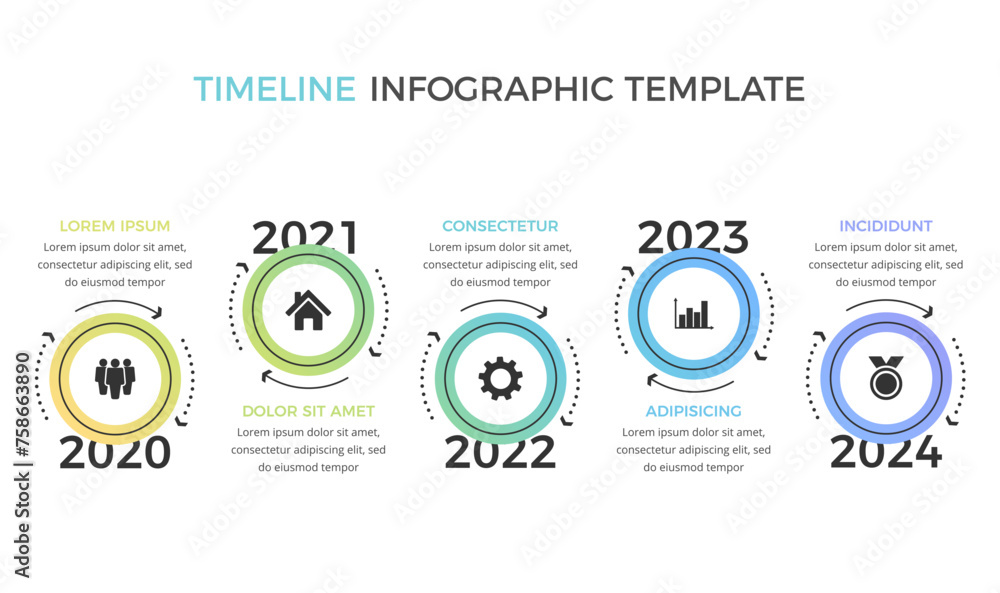 Timeline infographics template with five circles with place for your icons and text, vector eps10 illustration