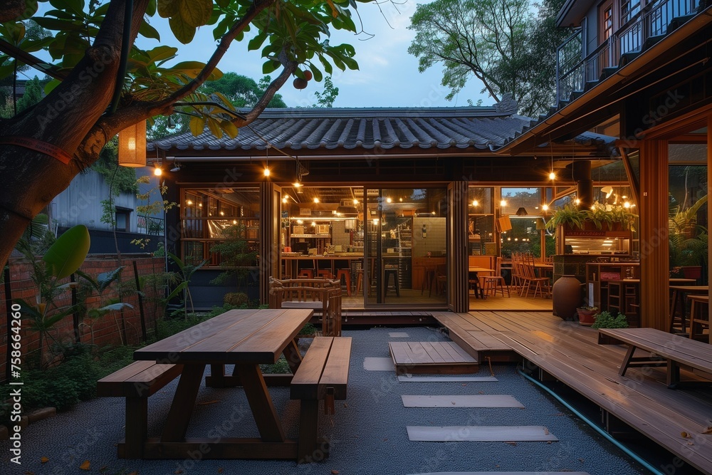 Naklejka premium A Taipei night market scene transforms the backyard of a craftsman-style dwelling